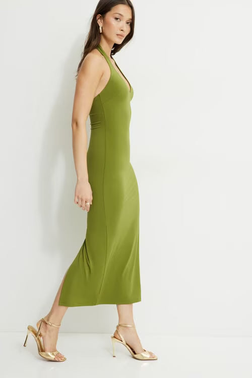 Sculpt Plunging Halter Maxi Dress-Guacamole Green
